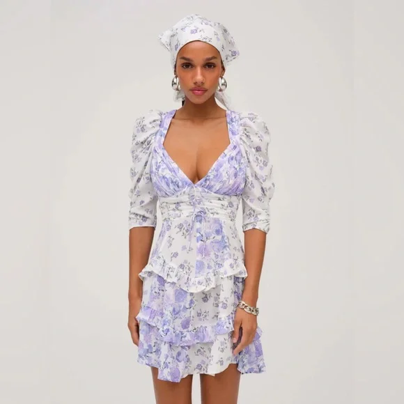 For Love and Lemons Rosalyn Mini Dress Lavender Floral Ruffle Dress Size Small